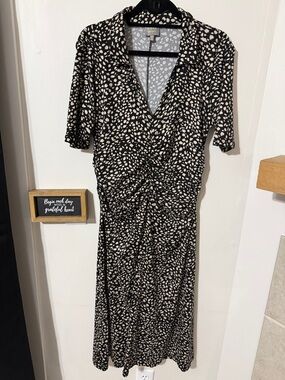 Black and Cream Spot-Print Ruched Wrap Midi Dress